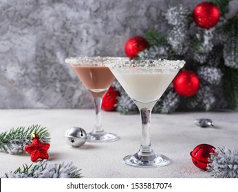 White And Dark Chocolate Snowflake Martini Cocktail. Christmas Drink