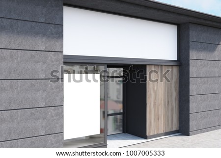 White, dark wooden and dark gray stone cafe facade with a vertical poster and a glass door. A side view. 3d rendering mock up