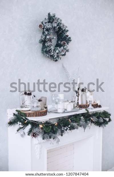 White Decorated Fireplace Christmas Fir Branches Stock Photo Edit