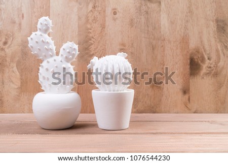 White decoration cactus with wooden background 