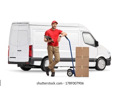 White Delivery Van And A Male Worker With Boxes And A Hand Truck Isolated On White Background