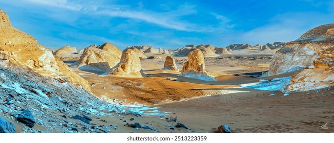 the White Desert in Egypt, showcasing its unique rock formations and striking desert landscape under a clear blue sky. A natural wonder located in the Sahara. - Powered by Shutterstock