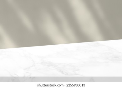White Diagonal Marble Table with Beige Stucco Wall Texture Background with Light Beam and Shadow, Suitable for Product Presentation Backdrop, Display, and Mock up.