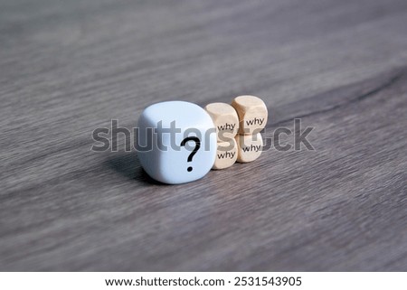 A white dice with a question mark on it is surrounded by four wooden dice with the word 