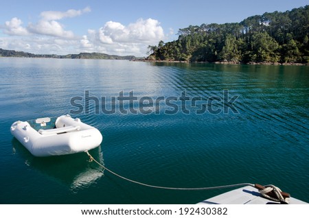 White dingy boat mooring at Roberton Island in the Bay of Islands in Northland at east coast of the north island of New Zealand. No people. Copy space 