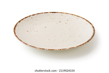 White Dinner Plate Isolated On A White Background. Cutout Of Empty Speckled Plate With Brown Border. Modern Porcelain Crockery For Food Design. Tableware And Dishes Concept. Low Angle View.