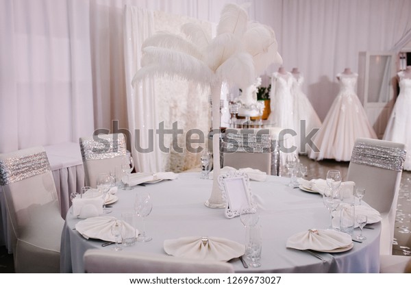 White Dinner Table Decorated Flowers Feathers Stock Photo Edit