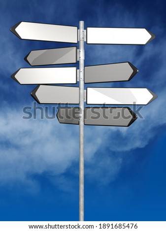 white directionl signs on a blue sky background