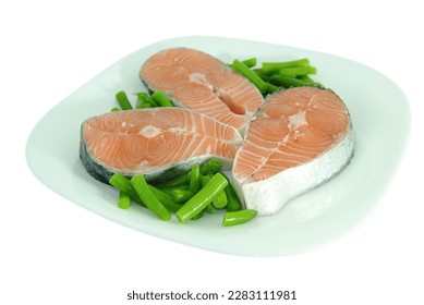 White dish with salmon and vargens - Shutterstock ID 2283111981