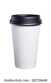 White Disposable Paper Coffee Cup With A Black Plastic Lid.