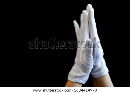 White doctor Hand Gloves ,Hand women asian five finger symbol with glove of doctor isolated on white background
