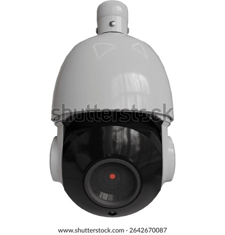 white dome security camera with a black, spherical lens and a small red indicator light, mounted on a white housing.  It features a subtle, glossy finish and appears to be designed for outdoor use