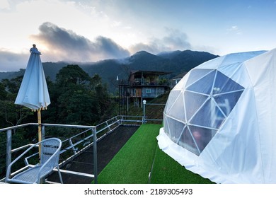 White Dome Tent A Modern Design For Living Lifestyle With Green Location Near Mountain Background Nature