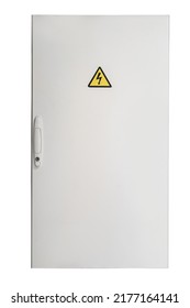 White door with electric danger warning symbol. Yellow attention on door. High voltage at the control box door. Danger concept. Caution alarm