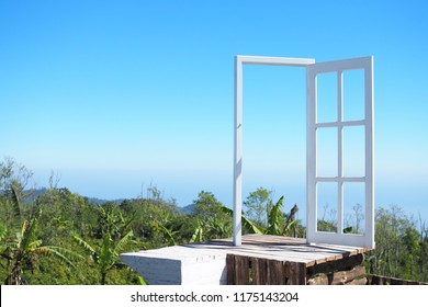 The White Door Opened For Go Outside To See A New Perspective And Get A New Experience In The World. With Clipping Path.