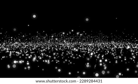 White dots Christmas background. Subtle flying snow flakes and stars on black background. Appealing winter silver snowflake overlay template.