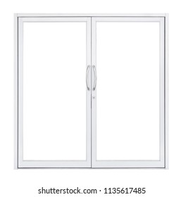 White Double Glass Doors With Steel Handle Isolated On White Background, Modern Front Window Interior For Home And Office Design