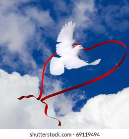 white dove holding red ribbon in shape of heart flying up to the nice cloudy sky