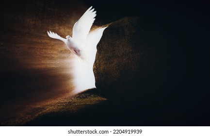 White dove and tomb symbolizing the crucifixion and resurrection of Jesus Christ for Easter
					