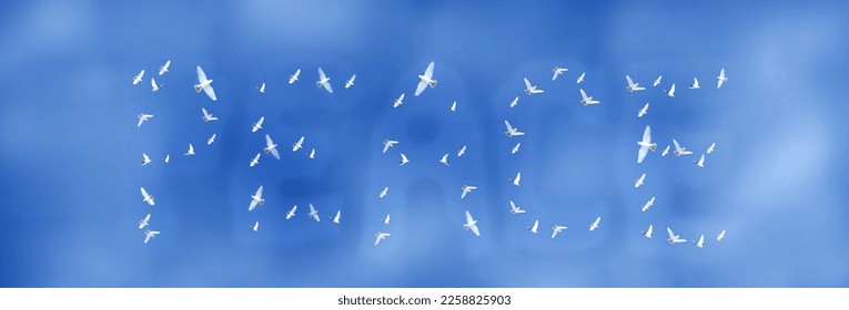 White doves flying in the blue sky. Word Peace.  Dove of Peace, symbol. Wide banner - Shutterstock ID 2258825903