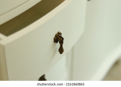 White Drawer With Vintage Hilt Or Grip For Studio, Office, House Decoration. Tray And Aluminum Handle For Storing, Towels, Utensils, Wares. Close Up Shelf In Room, Walk In Closet. Wooden Shelves 