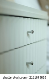 White Drawer With Wave Texture And Hilt. Tray And Aluminum Handle For Storing, Towels, Utensils, Wares. Close Up Shelf In Room, Walk In Closet. Built In For Studio, Office, House Decoration, Interior.