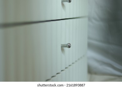 White Drawer With Wave Texture And Hilt. Tray And Aluminum Handle For Storing, Towels, Utensils, Wares. Close Up Shelf In Room, Walk In Closet. Built In For Studio, Office, House Decoration, Interior.