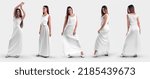 White dress mockup on a girl in heels, posing model in a sundress, isolated on background, set, front, side, back view. Women
