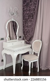 White Dressing Table And Chair In A Living Room. Modern Classics With Rococo Elements 