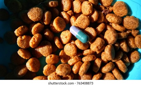 A White Drug Pill On Dog Food Or Feed Pellets In A Stainless Bowl. Feed For Sick Dog.

