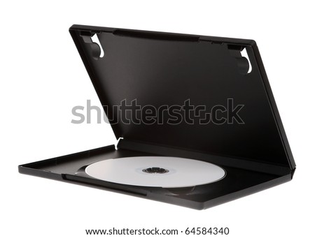 White DVD disc in the black box on the white background