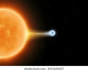 A white dwarf is absorbing gas from another star. Gravitational interaction of two stars. Exchange of matter in a close binary system.
