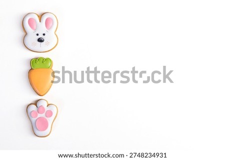 White Easter banner with a row of different holiday festive gingerbread cookies with colorful icing. Cookies in shape of a bunny, carrot and paw.