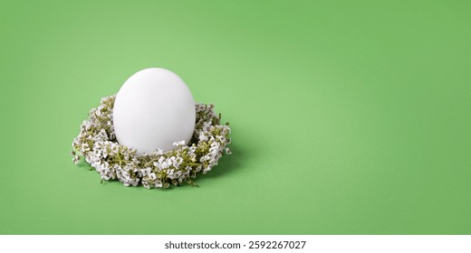 White Easter egg with white wreath of spring flowers on a green background. Happy Easter concept. Greeting card.