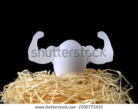 white egg with muscles in wood wool nest isolated on black background, concept of healthy protein and sports nutrition for muscular building