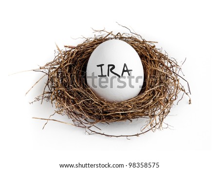 A white egg in a nest on a white background with the word IRA on the egg.
