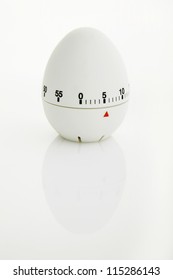 A White Egg Shaped Timer On A White Studio Background. Portrait.