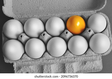 White Eggs In Egg Tray Carton With One Yellow Color Against Of Ordinary, Abstract Vision Be Different, Unique Personality Or Standing Out From The Crowd, Leadership Quality