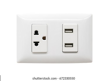 White Electrical Plug And USB Wall Outlet Isolated On White Background