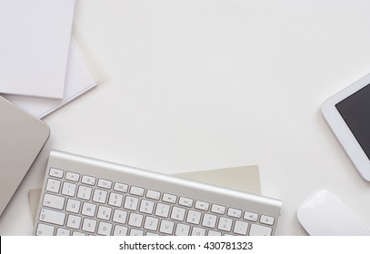 White Elegant Desktop From Above - Business Tools - Office Design - Studio Shot - Top View