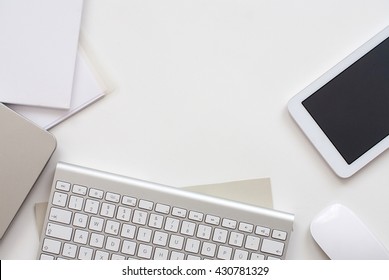 White Elegant Desktop From Above - Business Tools - Office Design - Studio Shot - Top View