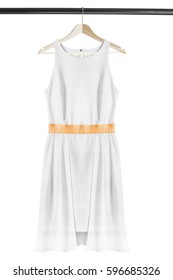 White Elegant Sleeveless Dress On Wooden Clothes Rack Isolated Over White