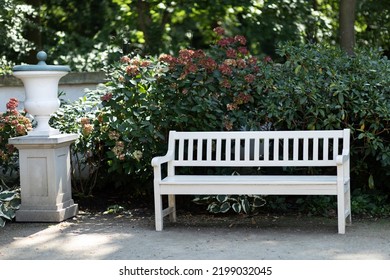 White Elegant Wooden Bench In Beautiful Flowering Blooming Garden, Green Sunny Park, Garden, Trees Are On Background. Peaceful Place For Reading Books And Enjoying Nature. Horizontal