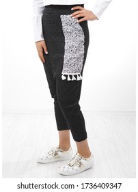 
White Embroidered Black Ladies Baggy Trousers