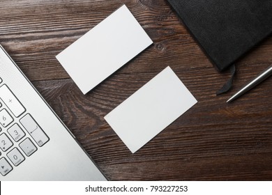 White Empty Business Card Mockup Wood Table. Modern Notebook Clean Object Information. Mock Up