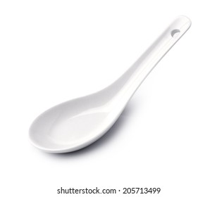 White Empty Ceramic Spoon For Soup On White Background