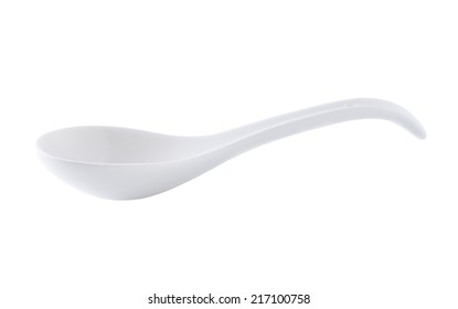 White Empty Ceramic Spoon For Soup On White Background