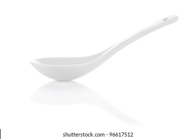 White Empty Ceramic Spoon For Soup On White Background