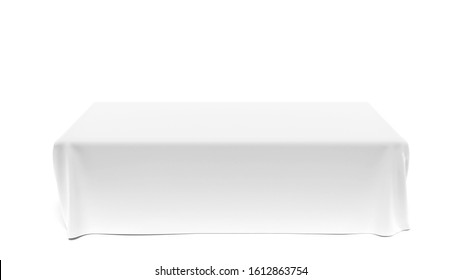 White Empty Cloth Table Isolated On White Background, Studio Image Closeup. Blank Tablecloth Mockup Stand Display For Conference, Show, Brand Events Presentation. Three-dimensional Blank Surface.