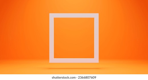 White empty frame in orange solid color studio scene white lights. Halloween background. Product display mockup design.